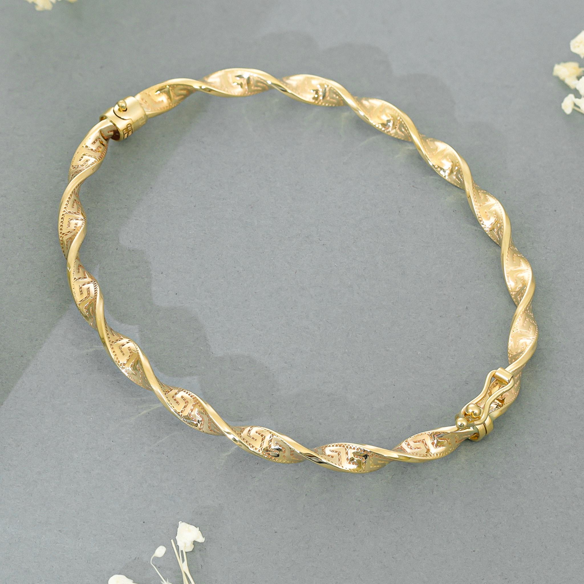 9ct Yellow Gold Greek Key Detail Twisted Bangle