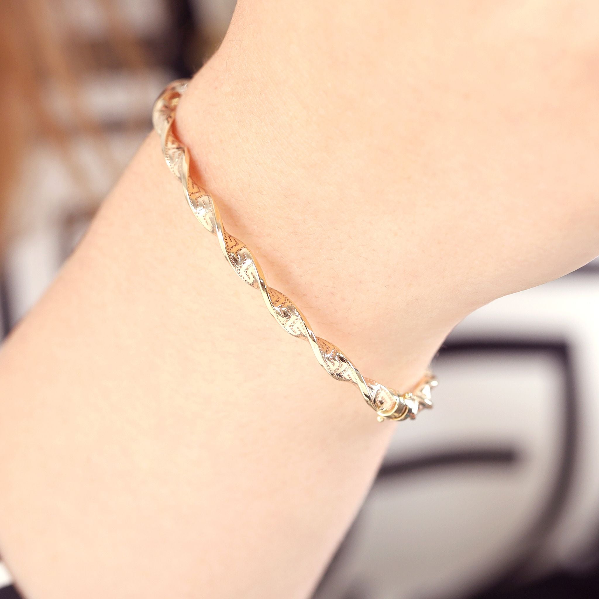 9ct Yellow Gold Greek Key Detail Twisted Bangle