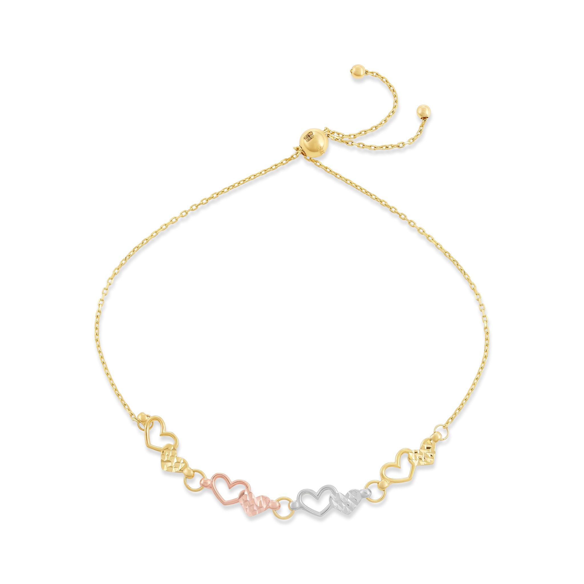 9ct Tri Colour Gold Heart Design Bracelet