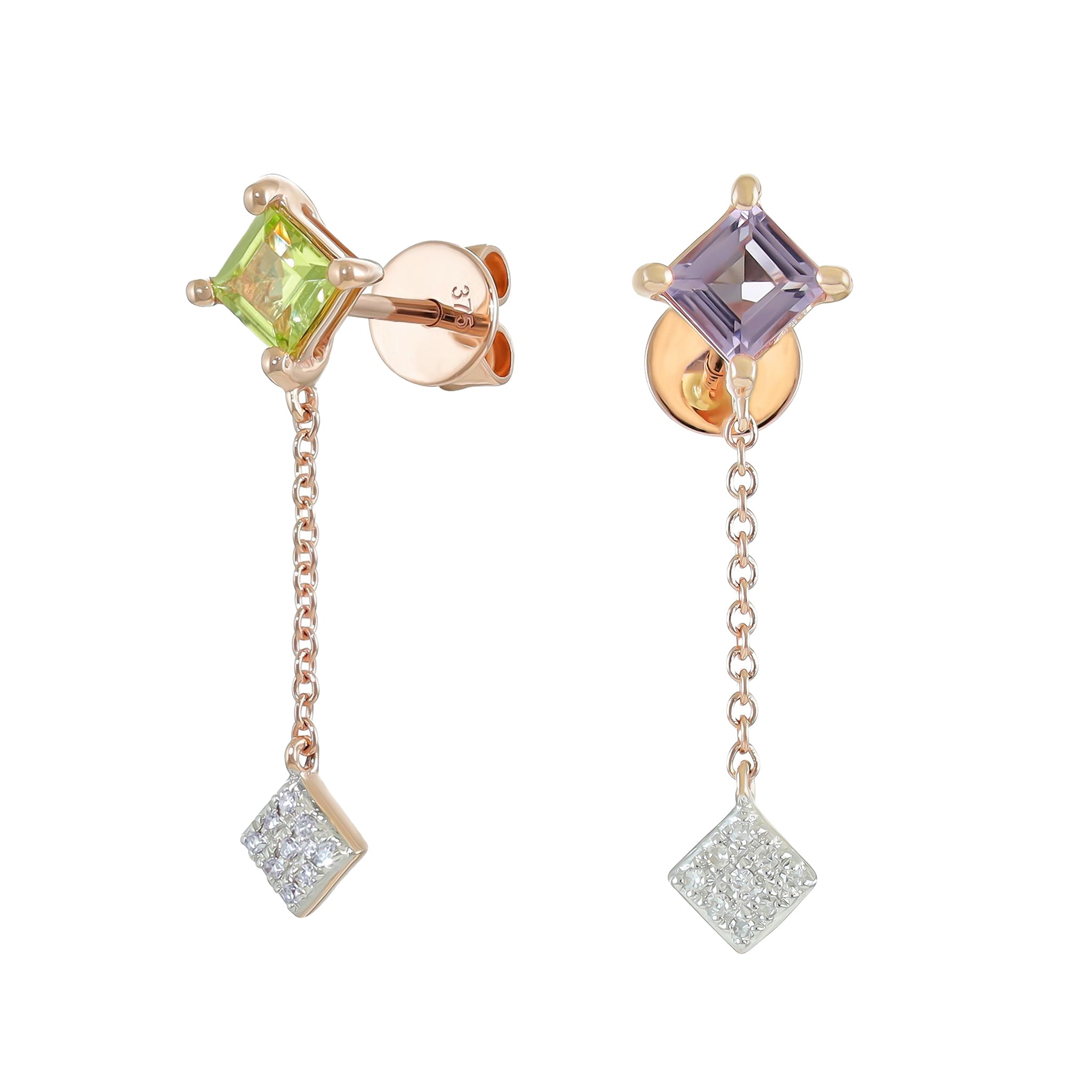 9ct Rose Gold Diamond and Gem Stone Drop Earrings