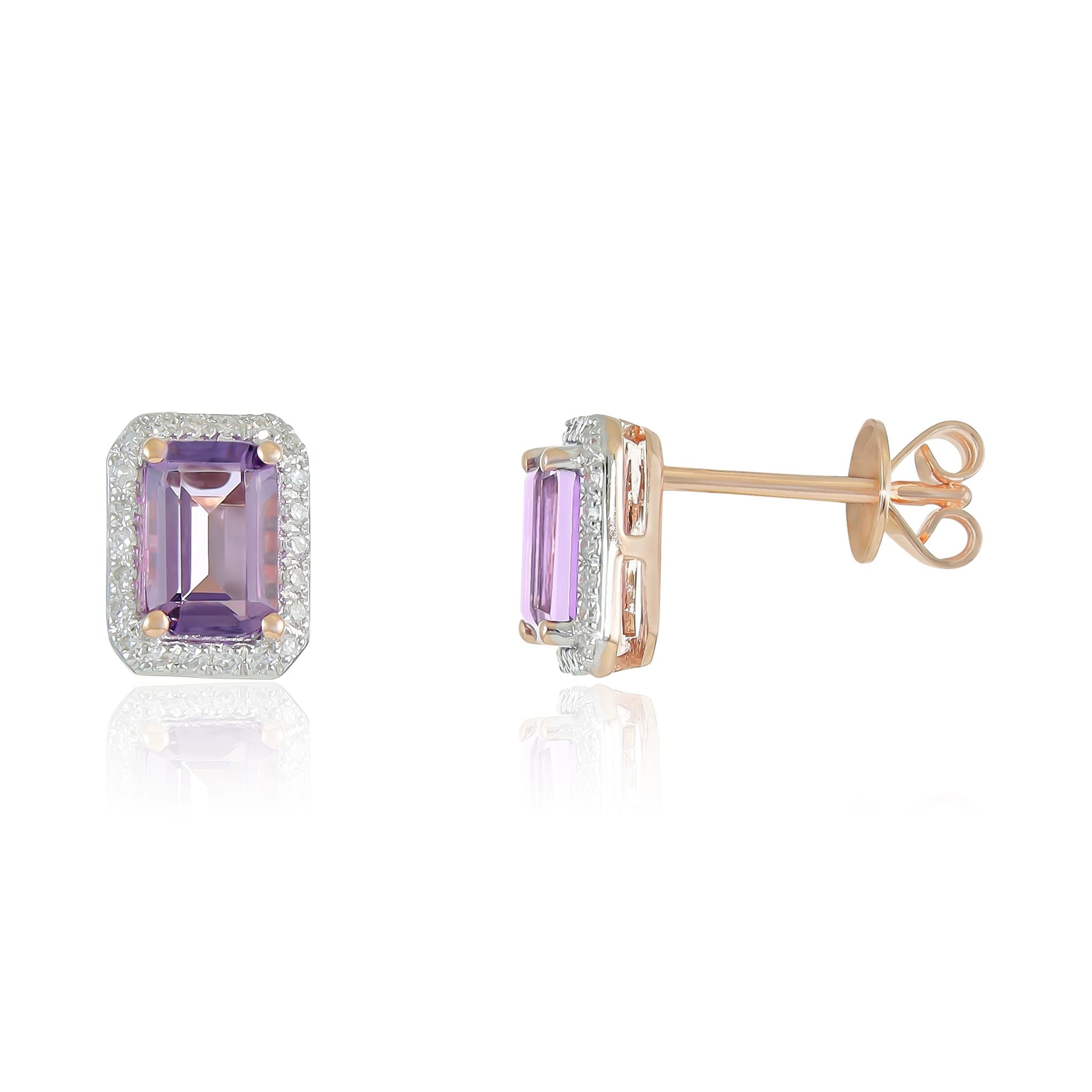 9ct Rose Gold Diamond And Amethyst Stud Earrings