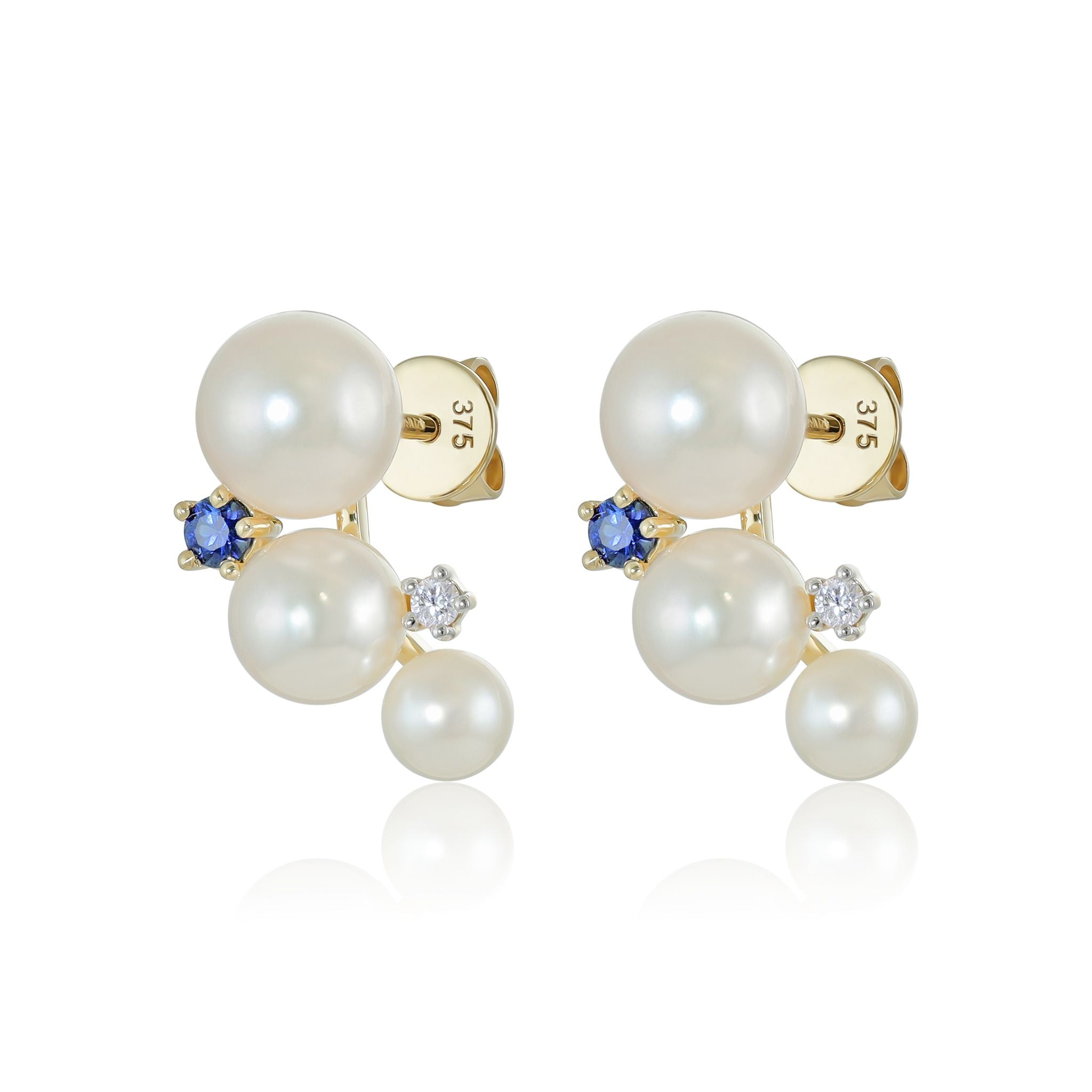 9ct Yellow Gold Pearl and Gem Stone Cluster Stud Earrings