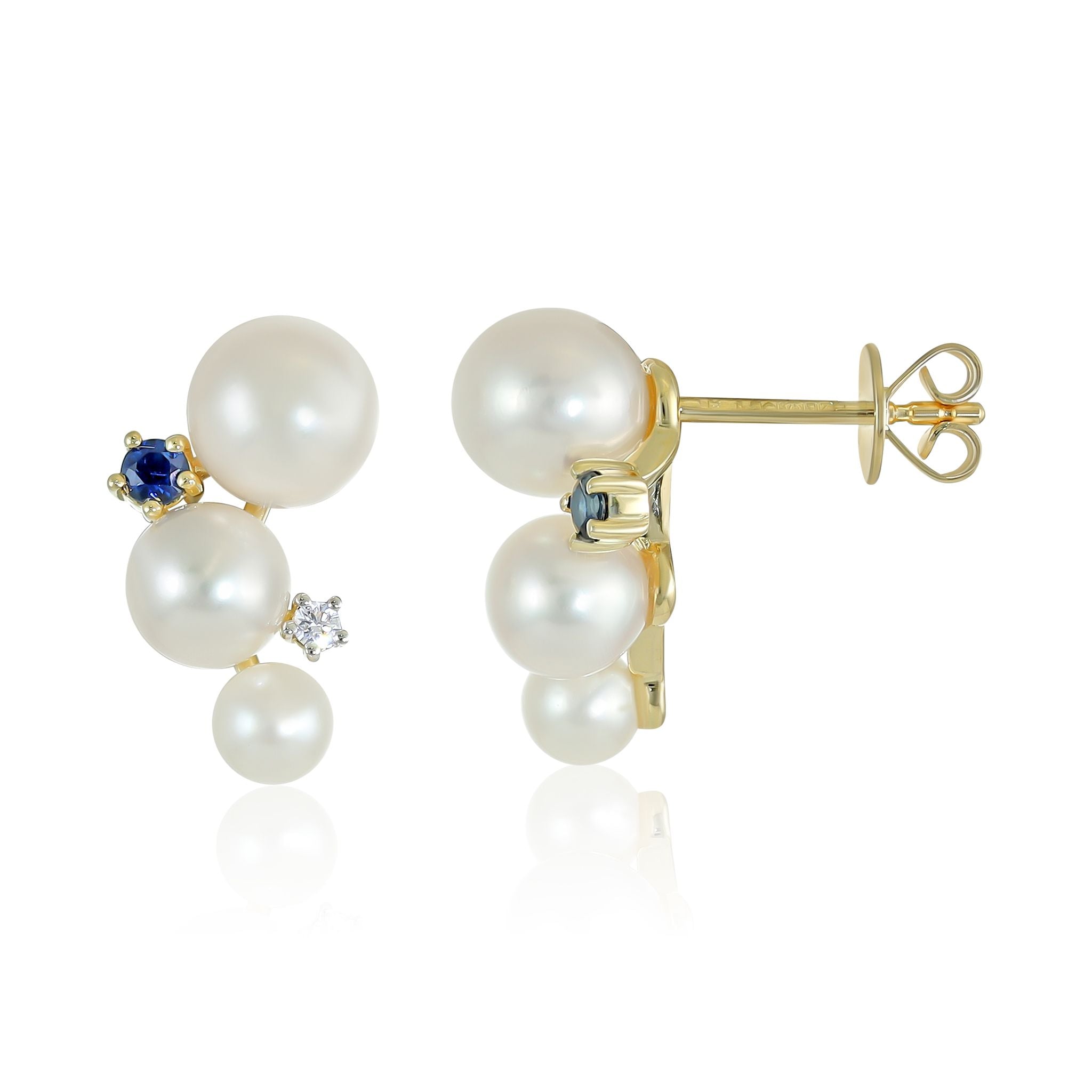 9ct Yellow Gold Pearl and Gem Stone Cluster Stud Earrings