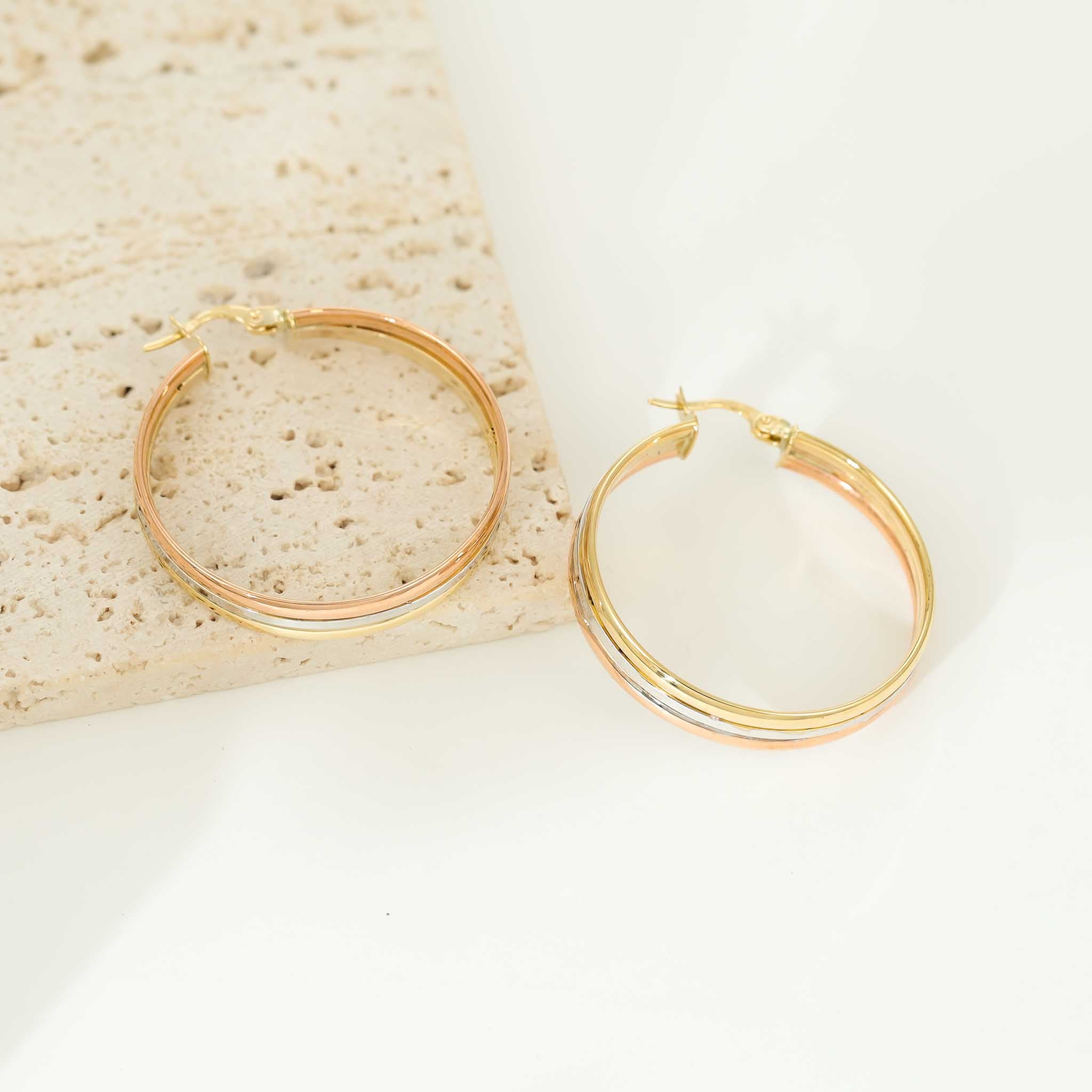 9ct Gold Tri Colour Hoop Earrings