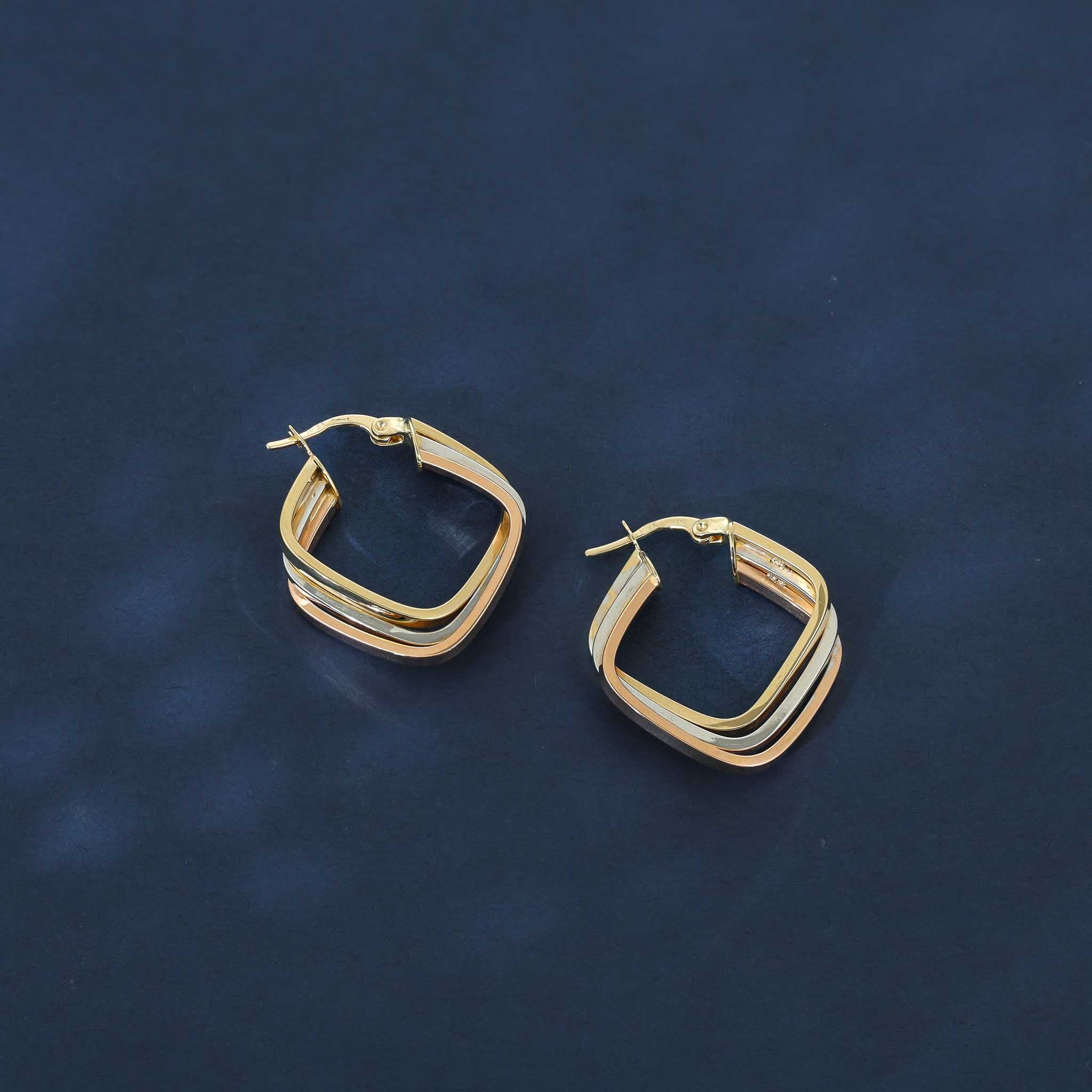 9ct Tri Colour Gold Triple Square Hoop Earrings
