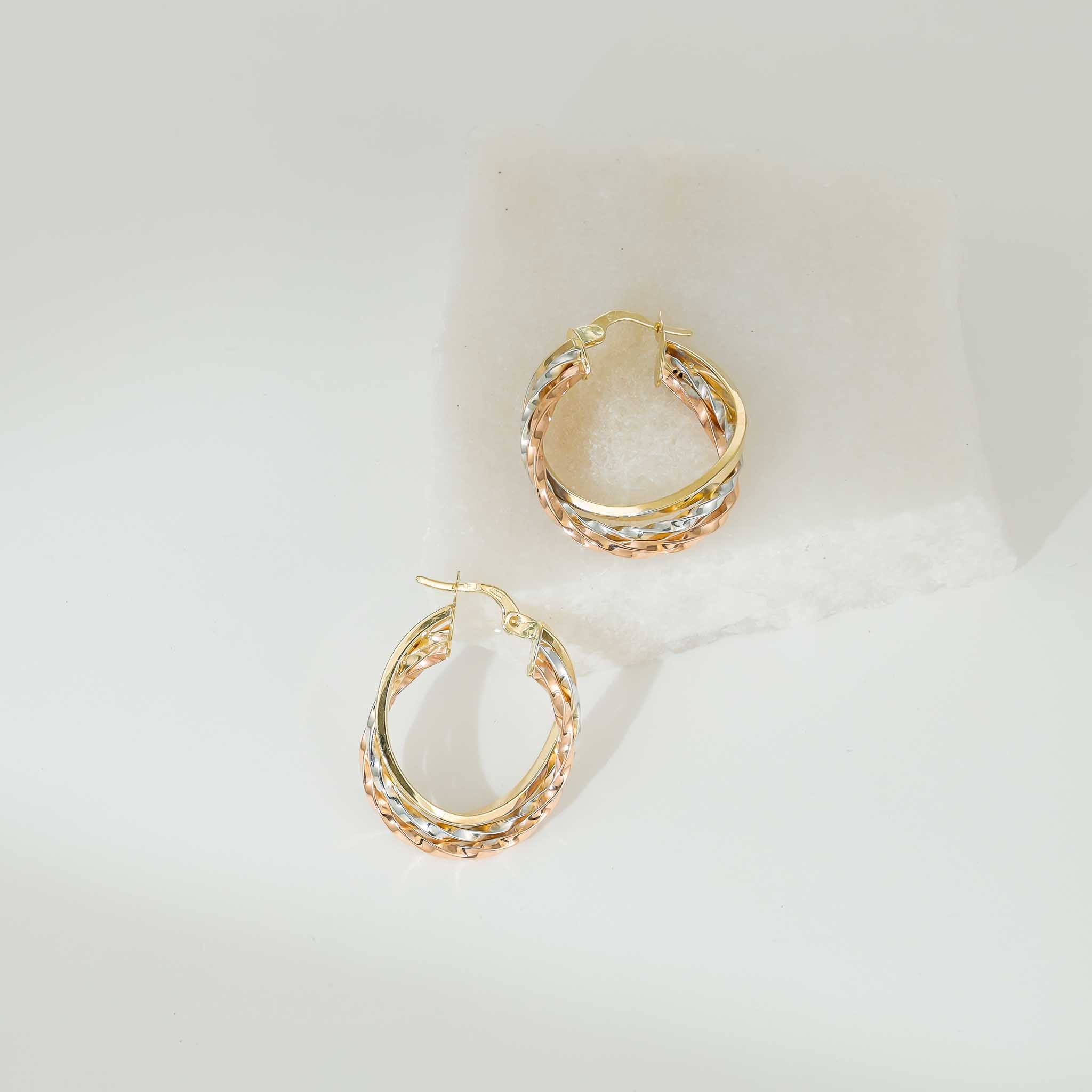 9ct Tri Colour Gold Hoop Earrings