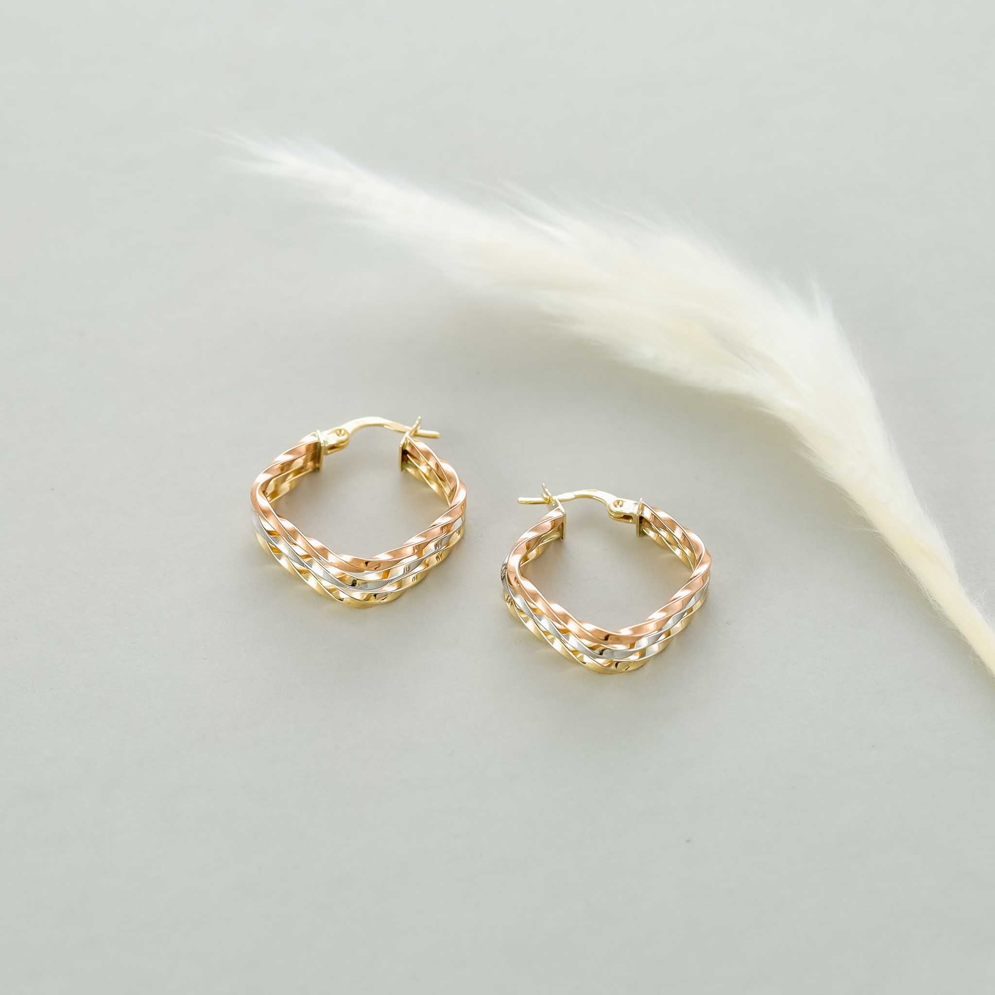 9ct Tri Colour Gold Square Hoop Earrings