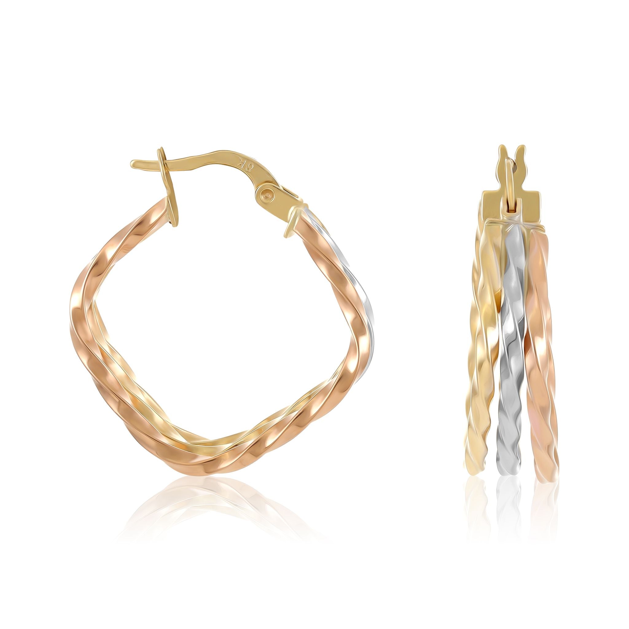 9ct Tri Colour Gold Square Hoop Earrings
