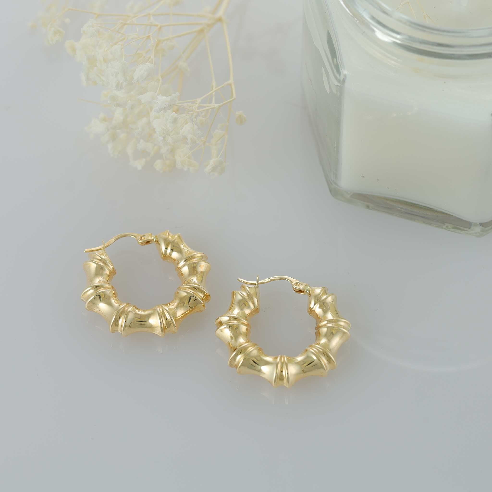 9ct Yellow Gold Bamboo Hoop Earrings