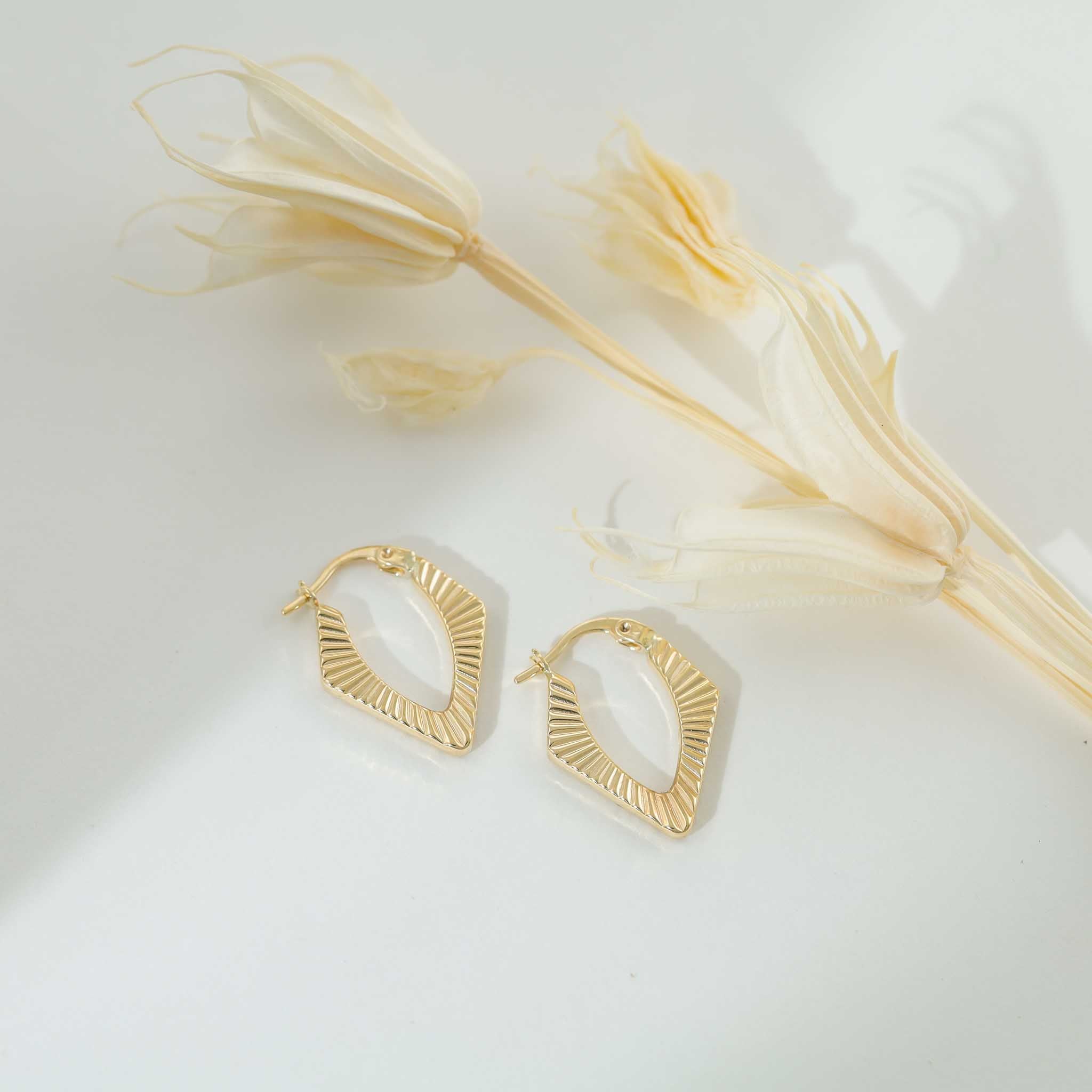 9ct Yellow Gold Textured Angled Hoop Earrings