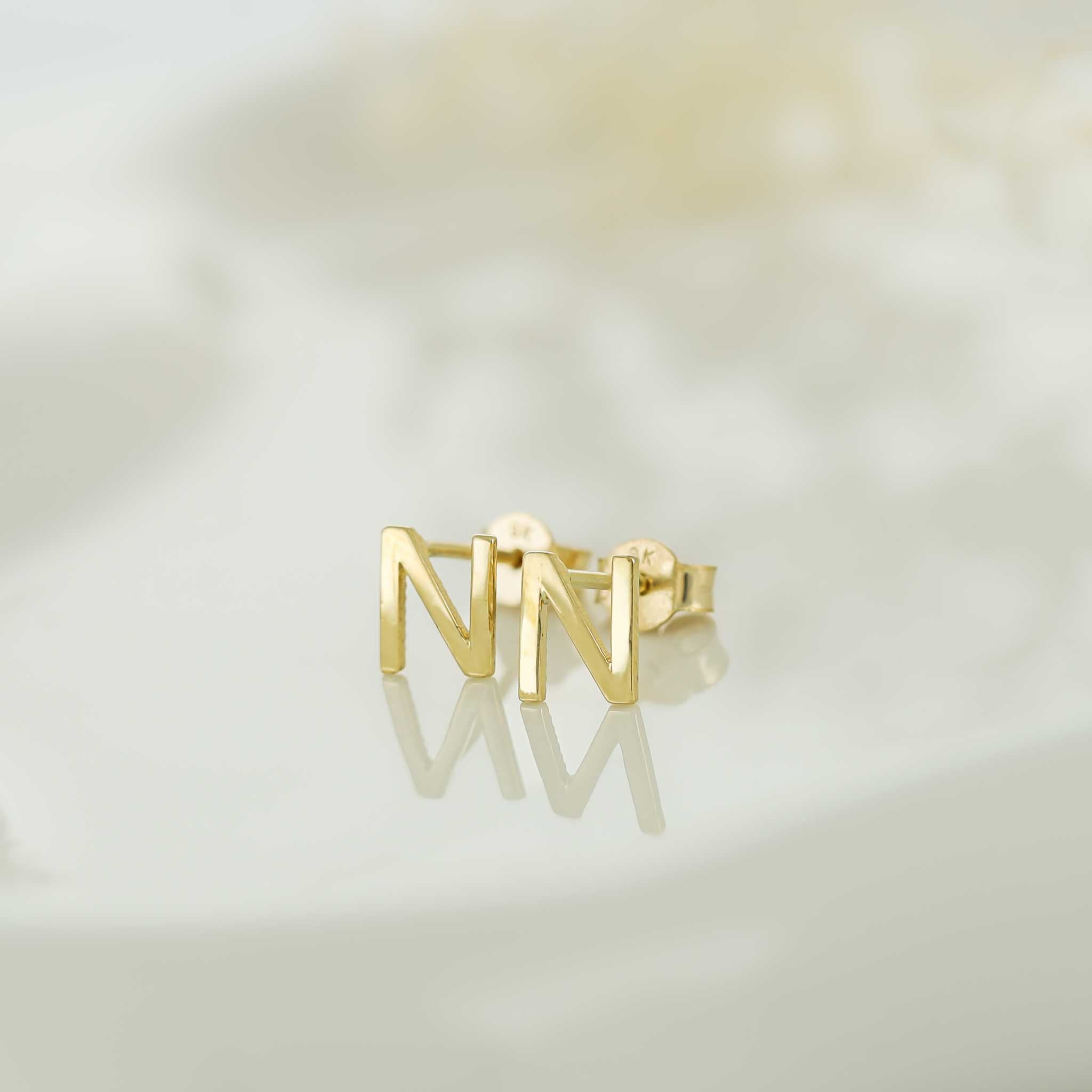 9ct Yellow Gold Initial Stud Earrings - Letter N