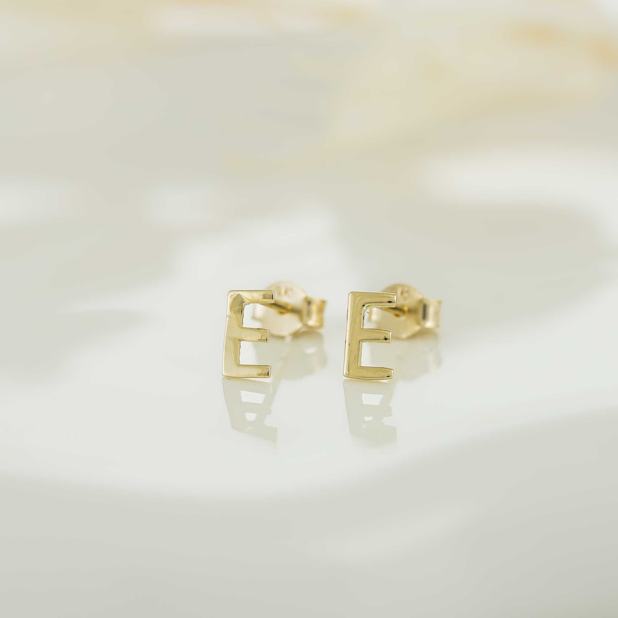 9ct Yellow Gold Initial Stud Earrings - Letter E