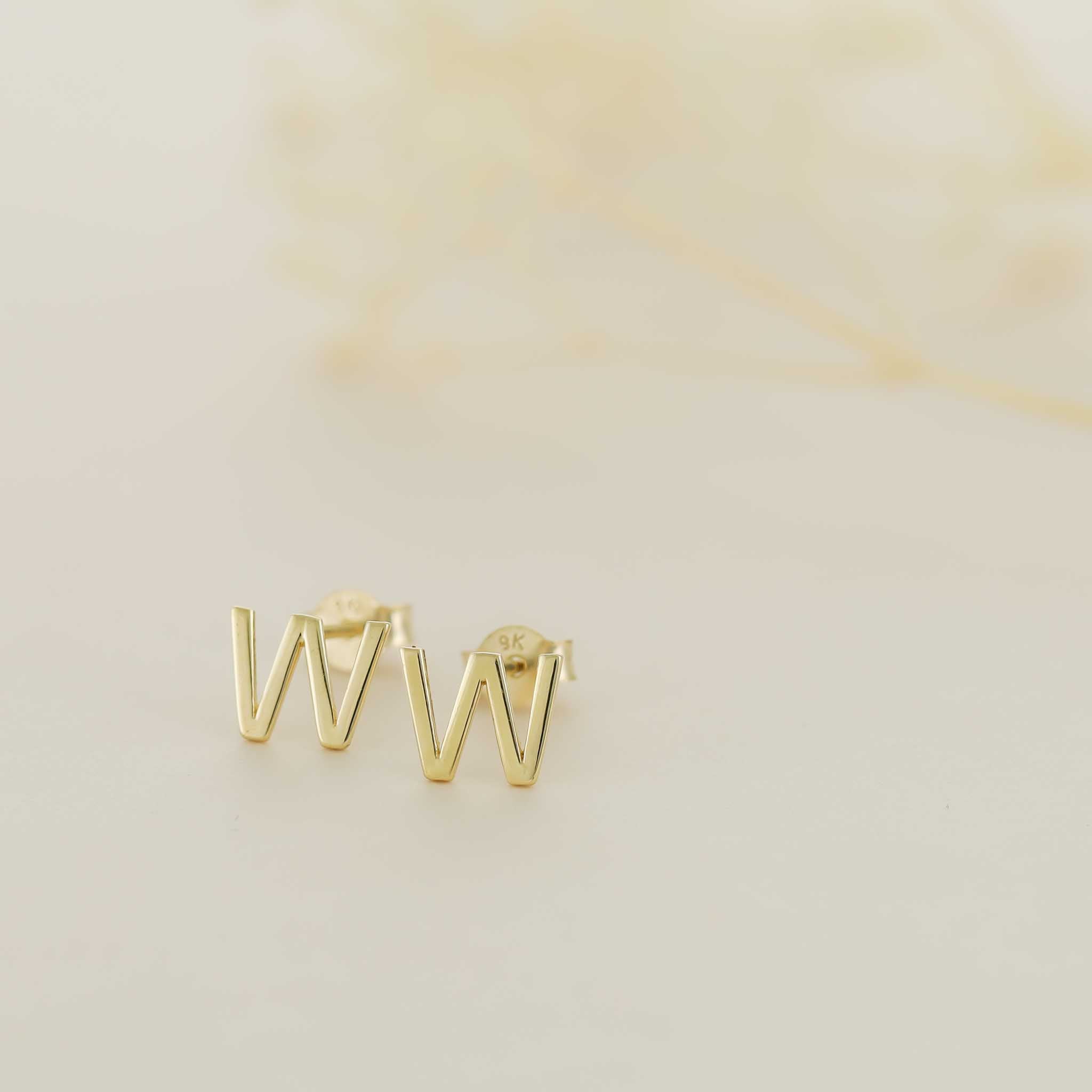 9ct Yellow Gold Initial Stud Earrings - Letter W