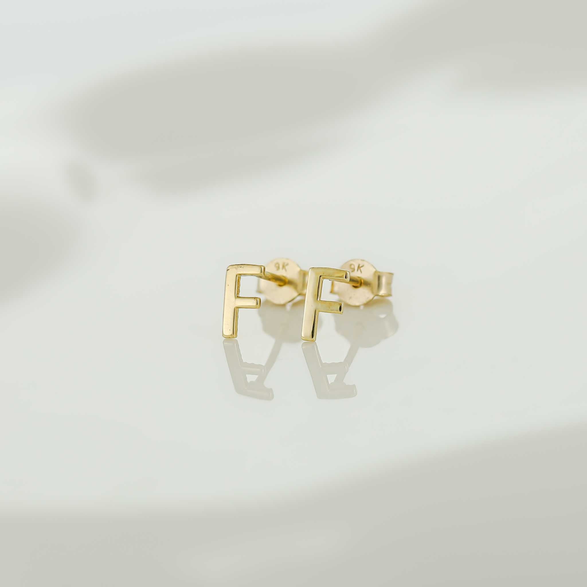 9ct Yellow Gold Initial Stud Earrings - Letter F