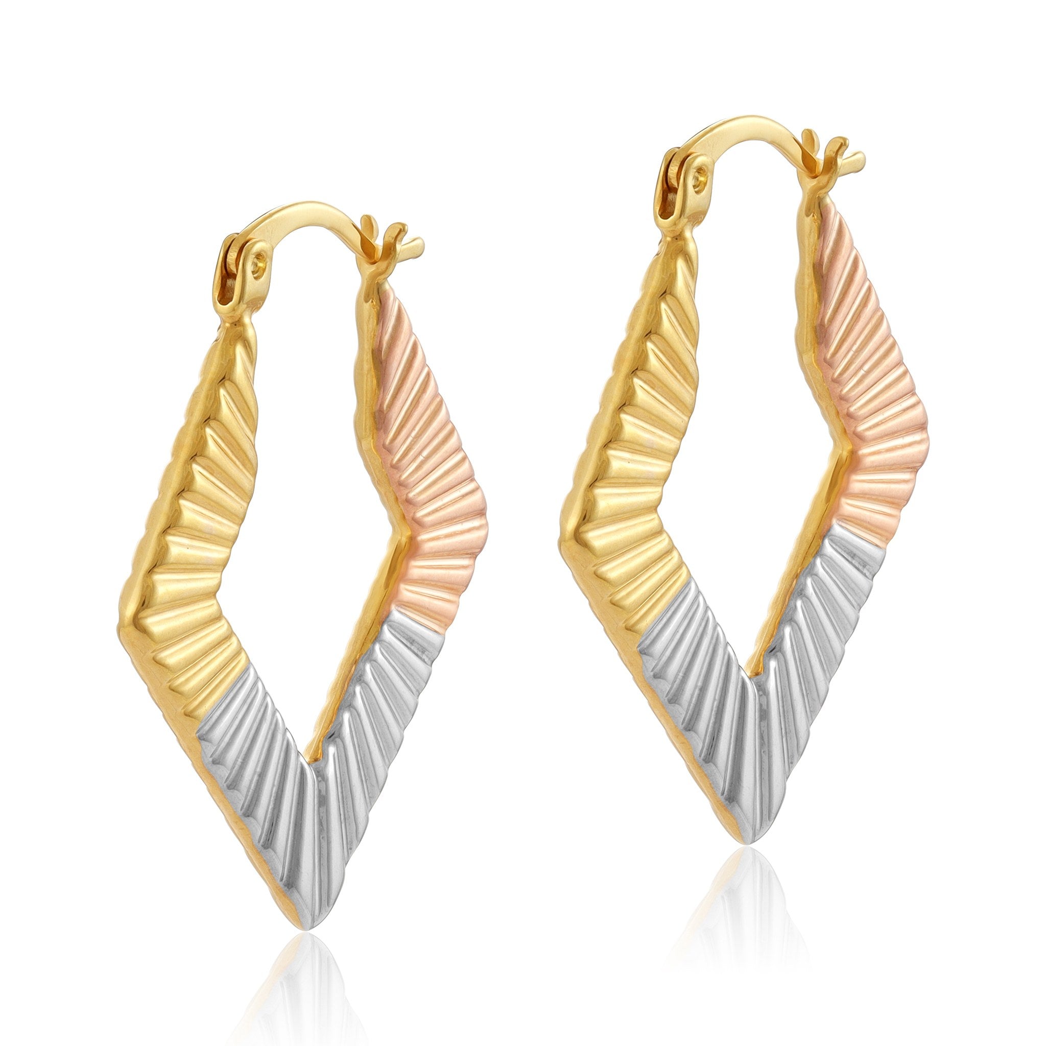 9ct Tri Colour Rhombus Shape Hoop Earrings