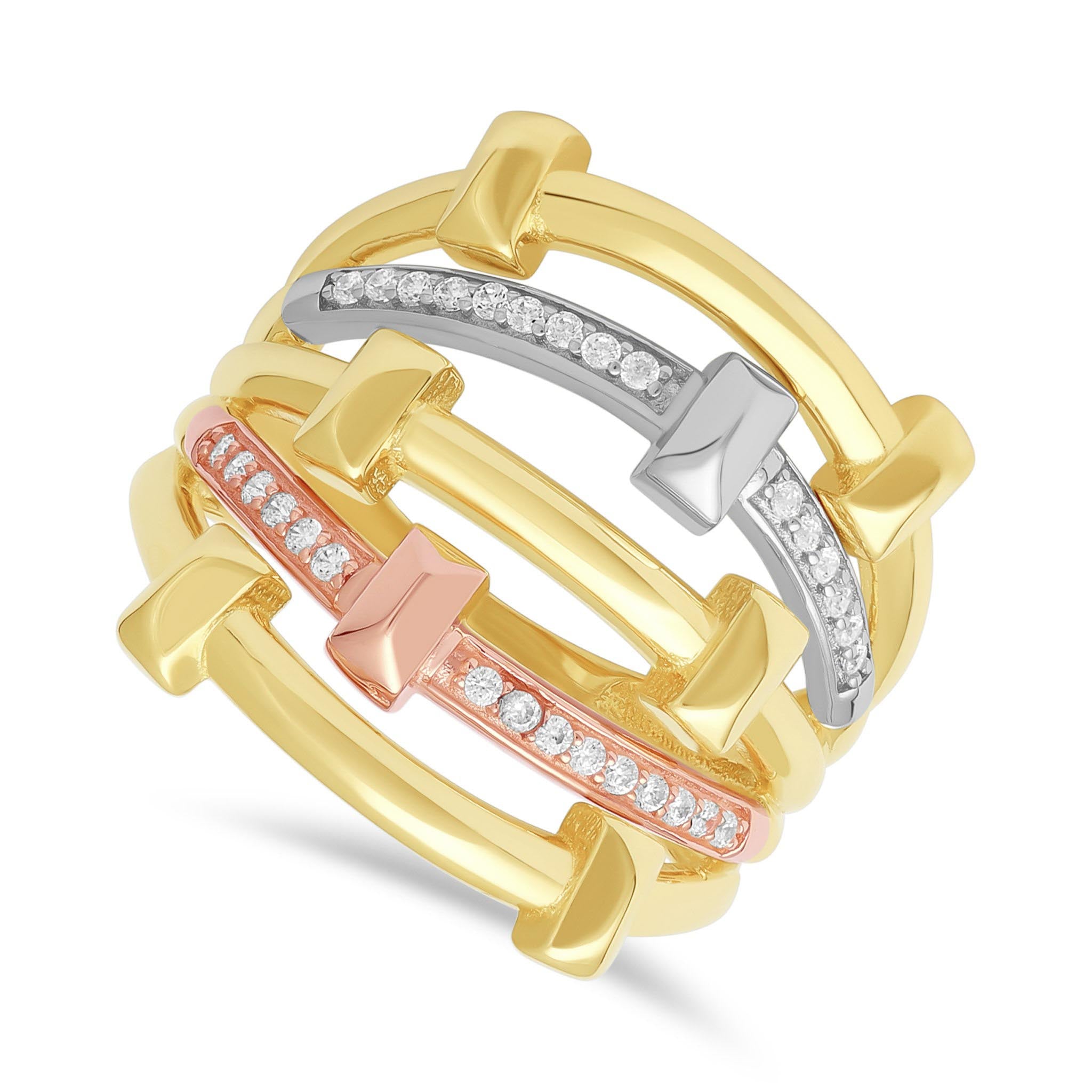 14ct Tri Colour Gold Cubic Zirconia Caged Ring