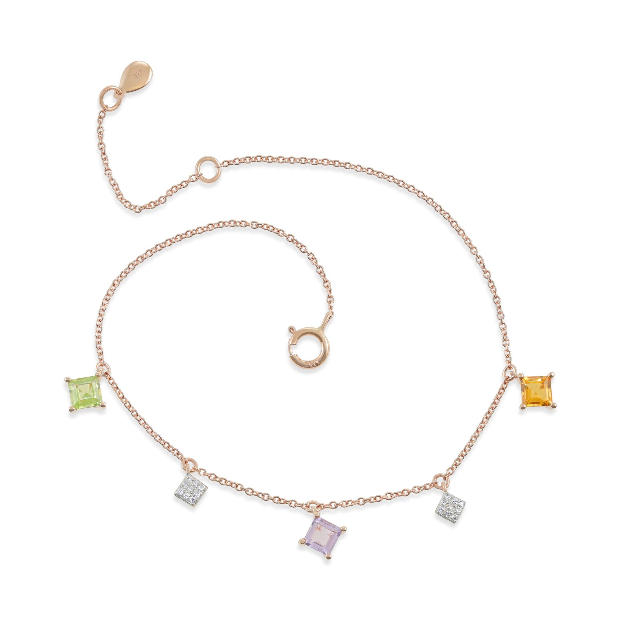 9ct Rose Gold Diamond and Semi Precious Stone Bracelet