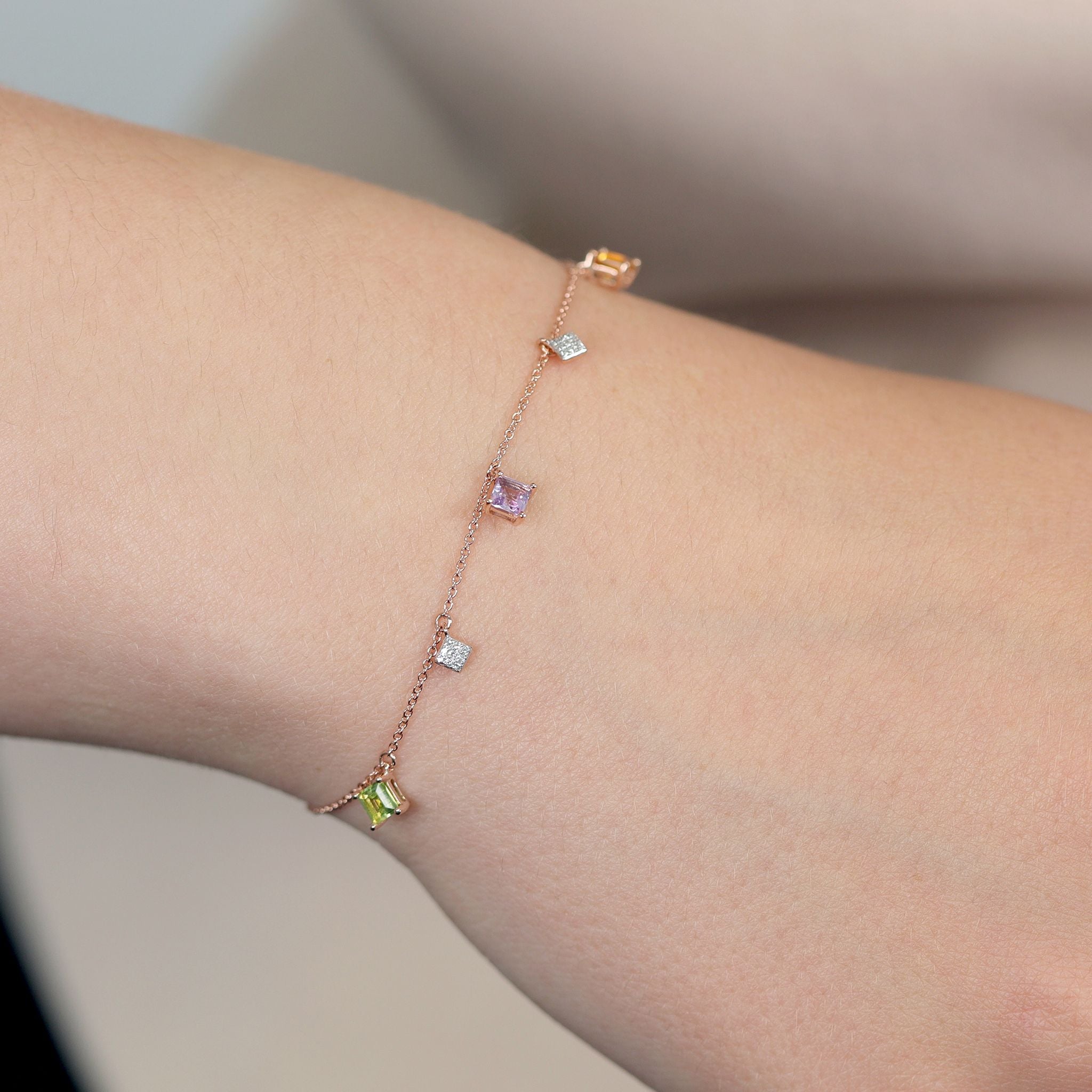 9ct Rose Gold Diamond and Semi Precious Stone Bracelet