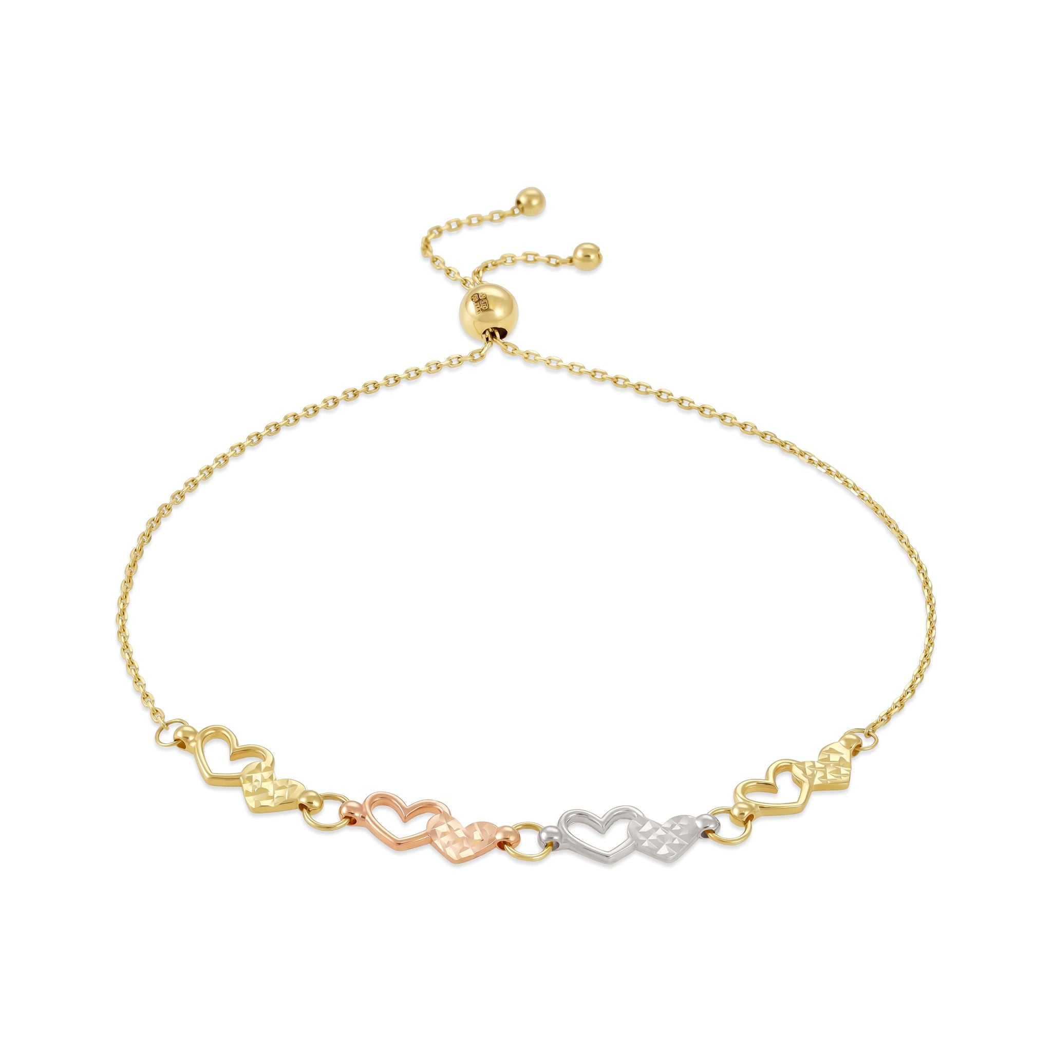 9ct Tri Colour Gold Heart Design Bracelet