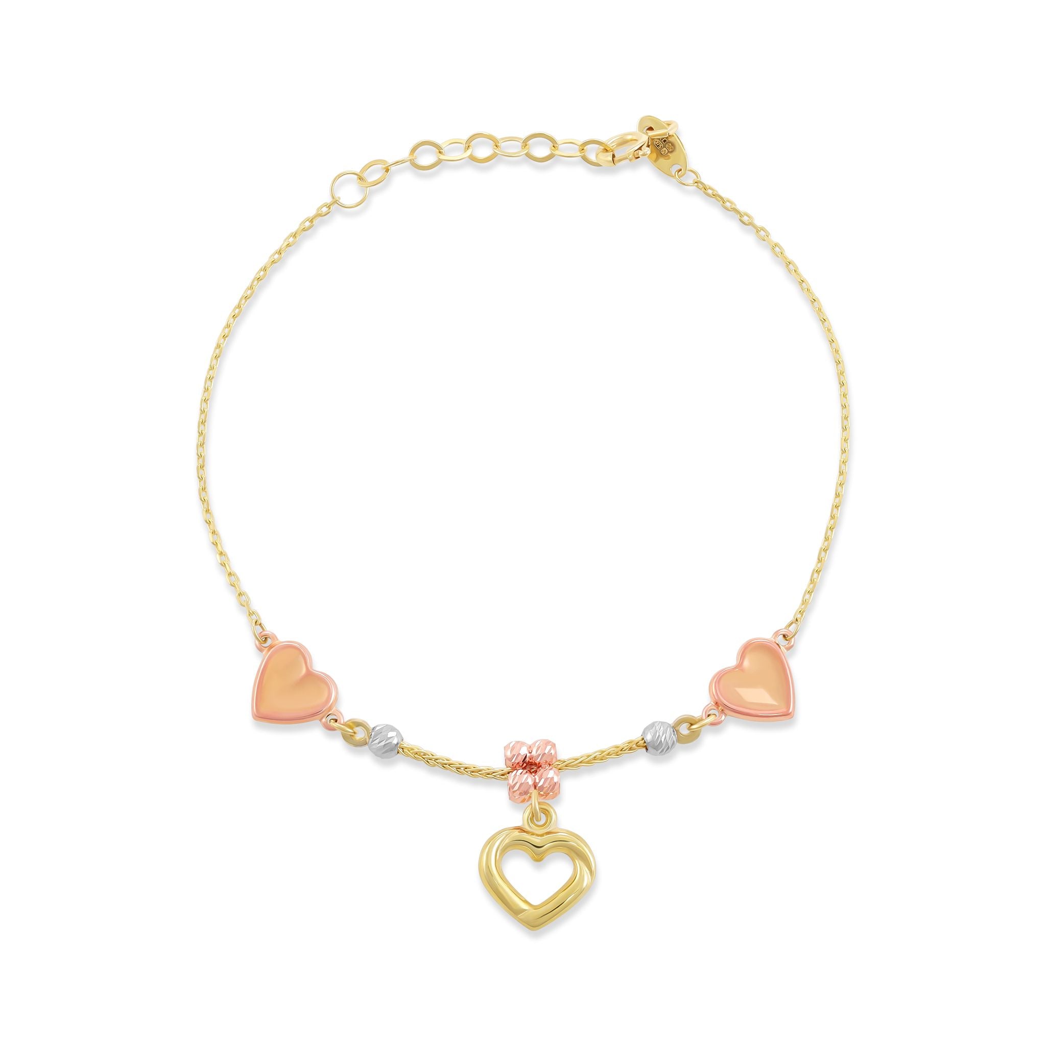 9ct Tri Colour Gold Heart Charm Bracelet BR9023