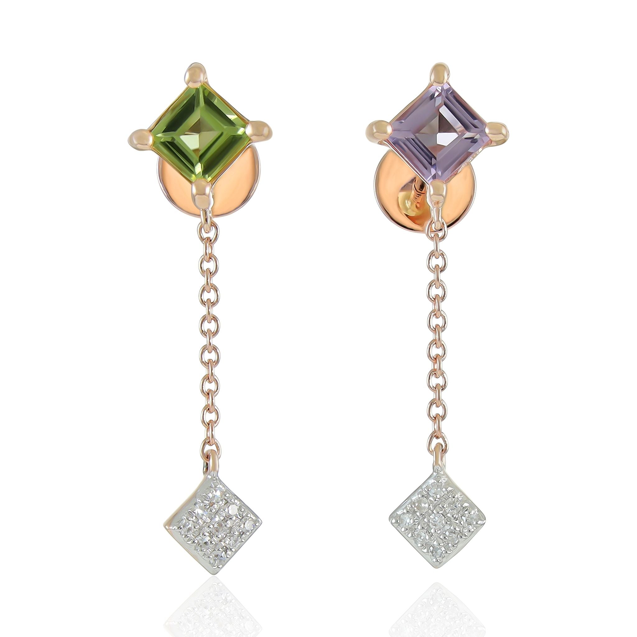9ct Rose Gold Diamond and Gem Stone Drop Earrings
