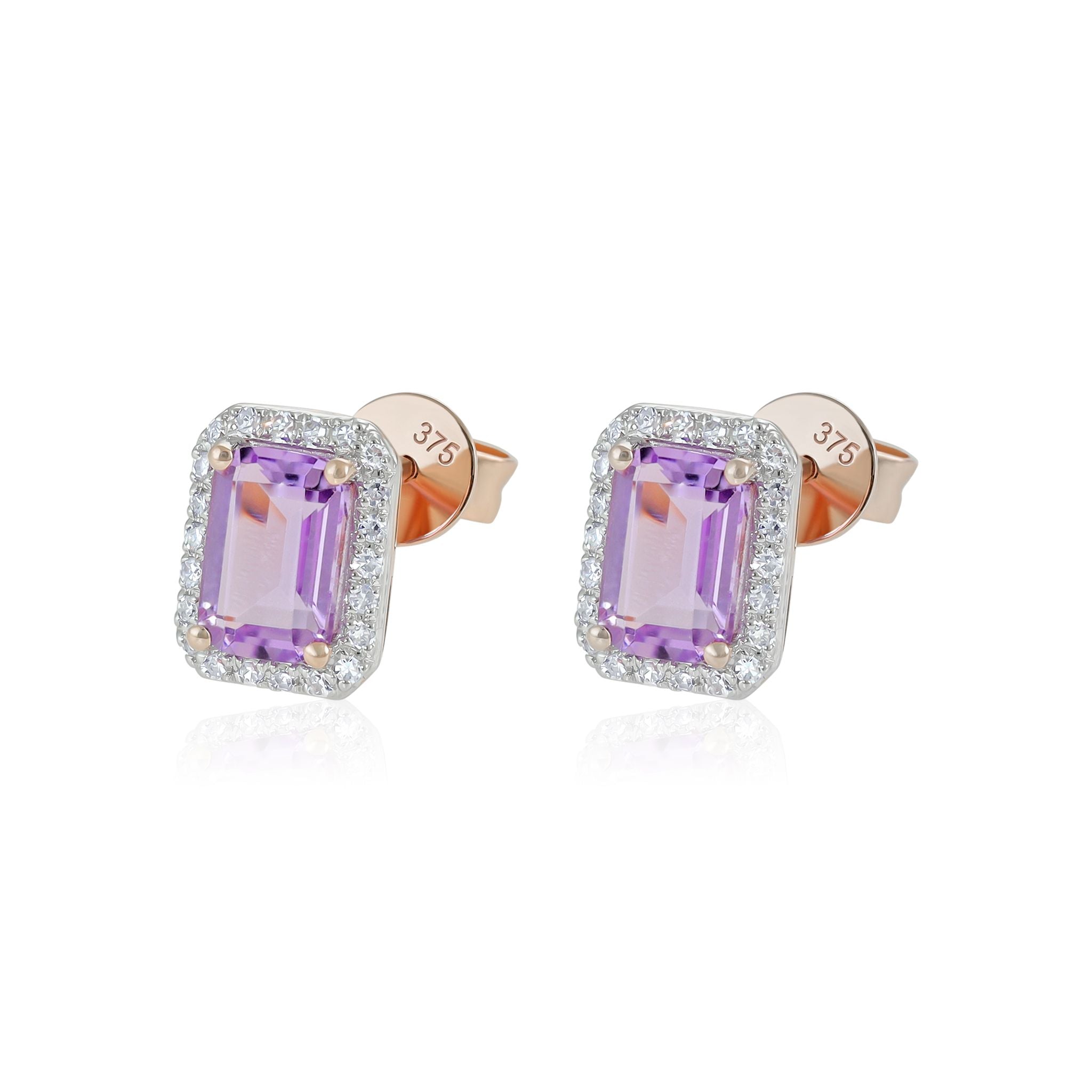 9ct Rose Gold Diamond And Amethyst Stud Earrings