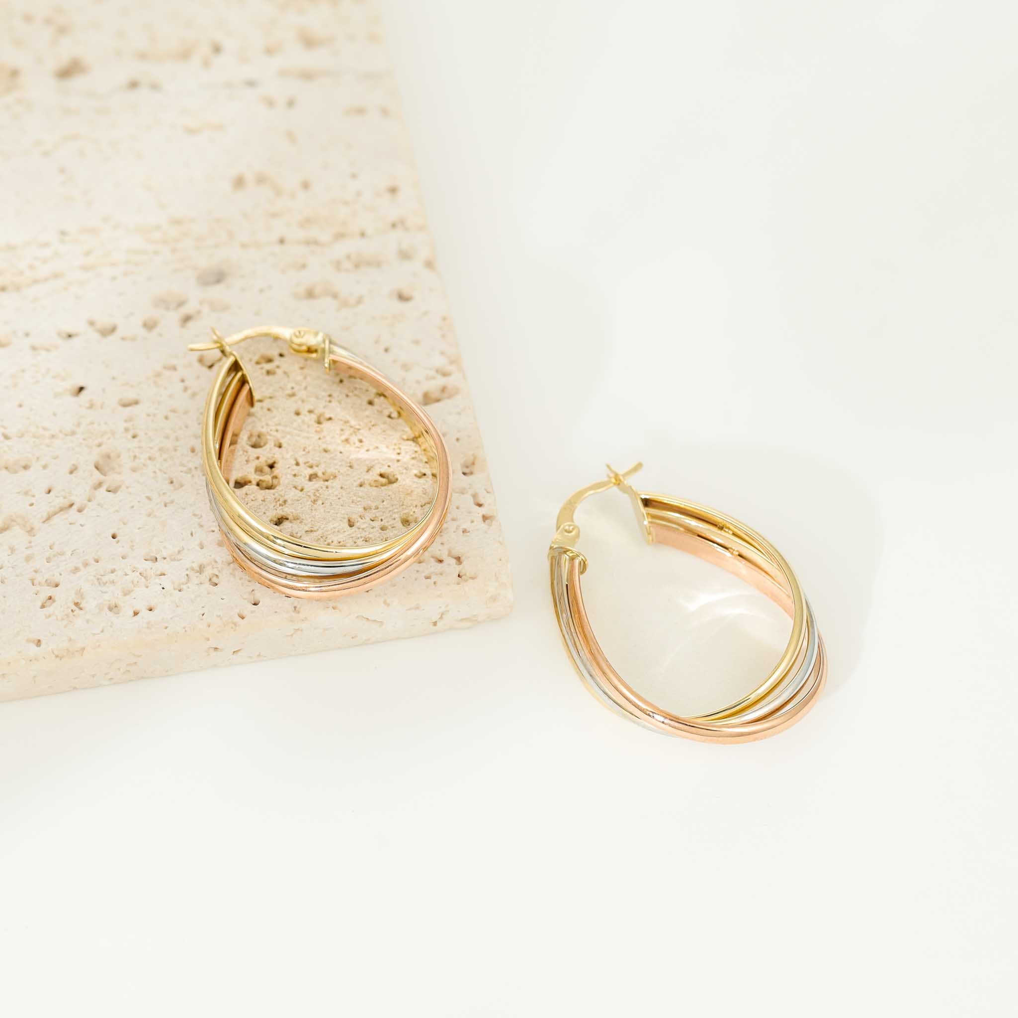 9ct Tri Colour Gold Triple Hoop Earrings