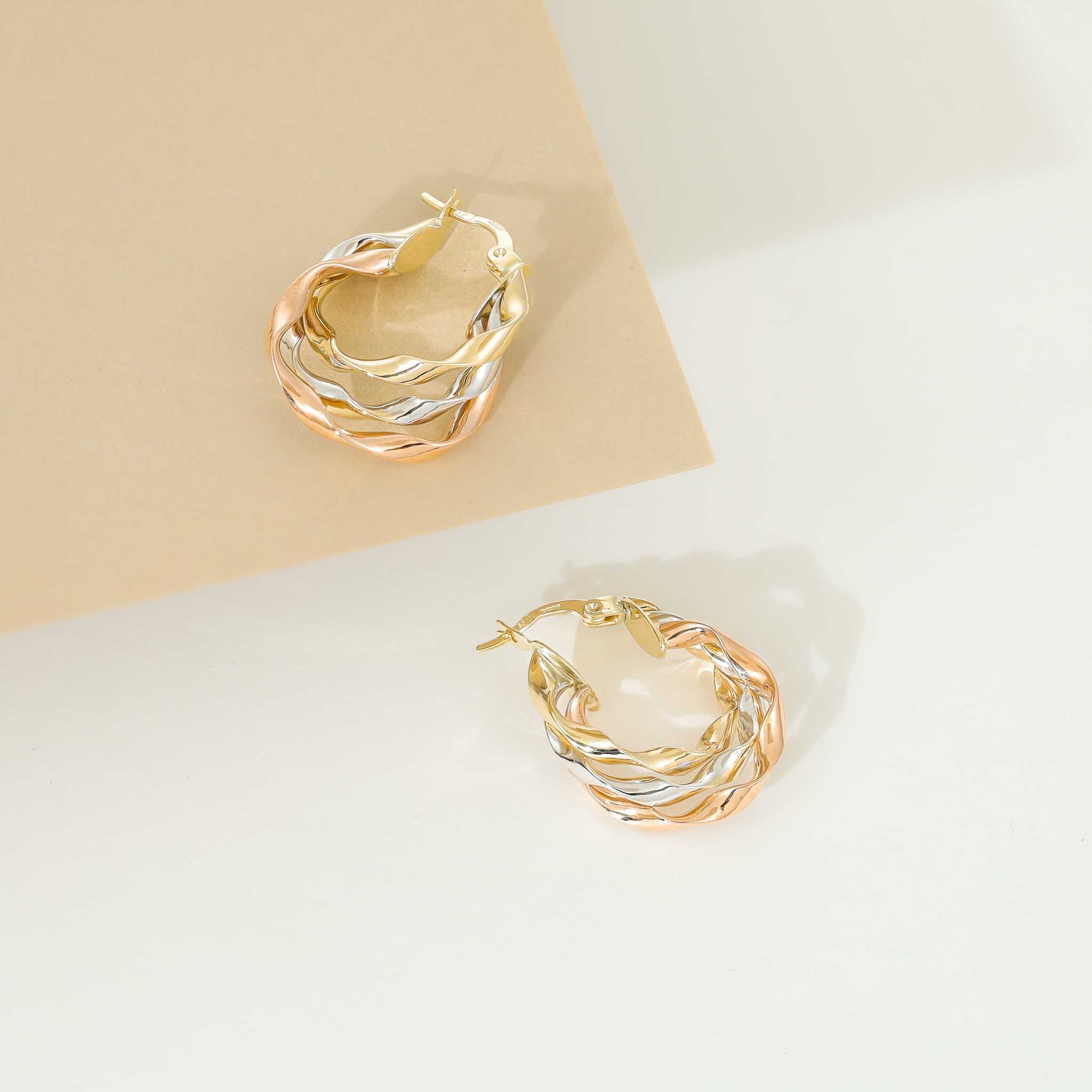 9ct Tri Colour Gold Triple Loop Earrings