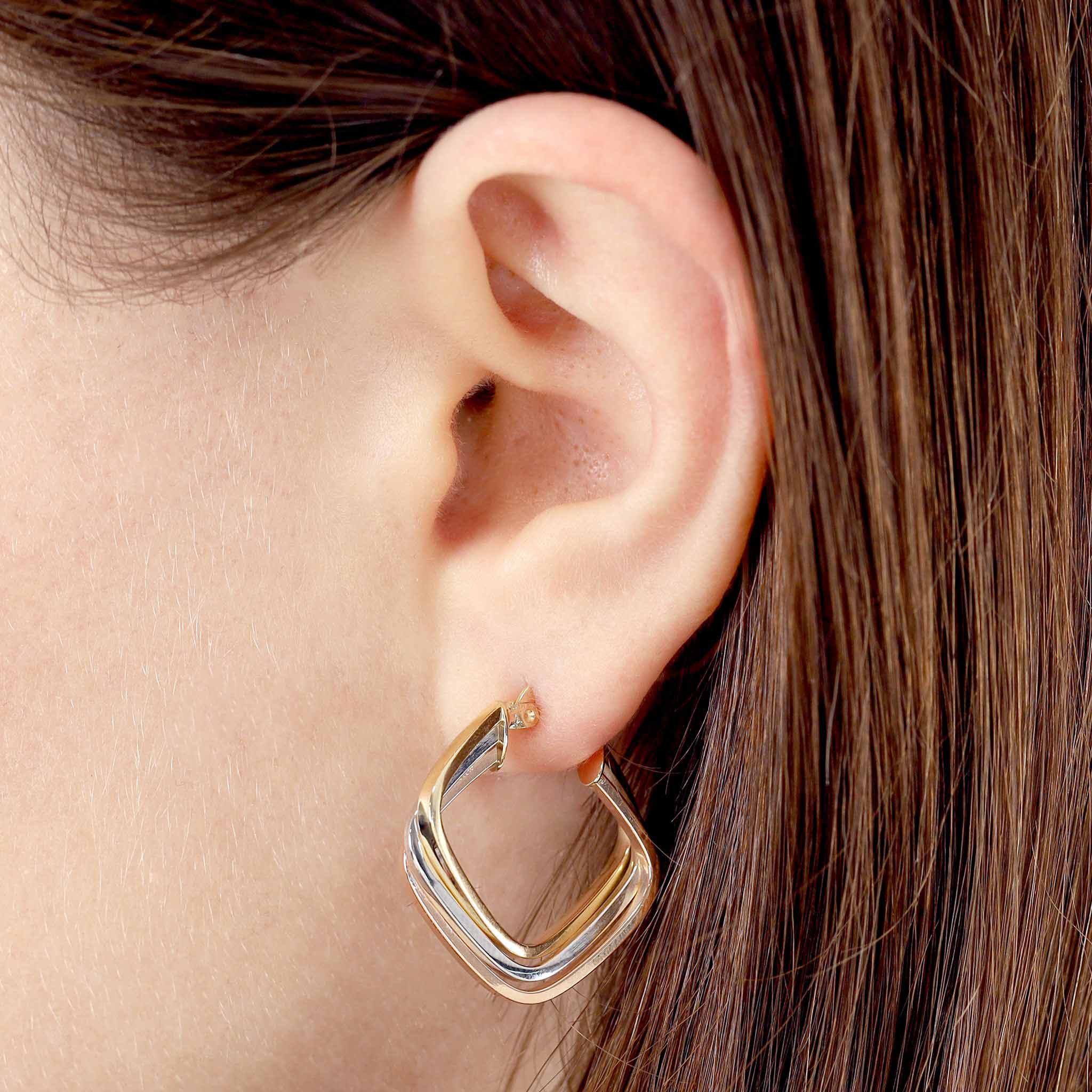 9ct Tri Colour Gold Triple Square Hoop Earrings