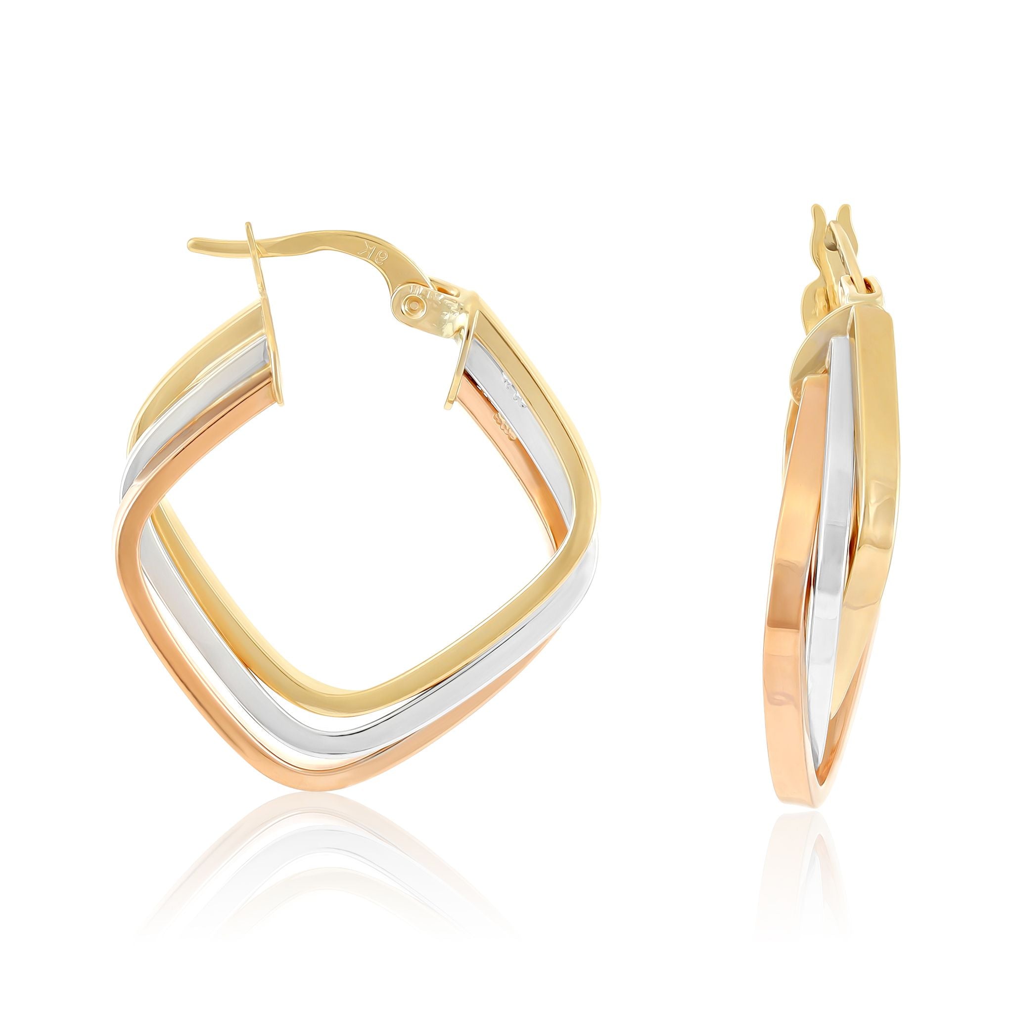 9ct Tri Colour Gold Triple Square Hoop Earrings