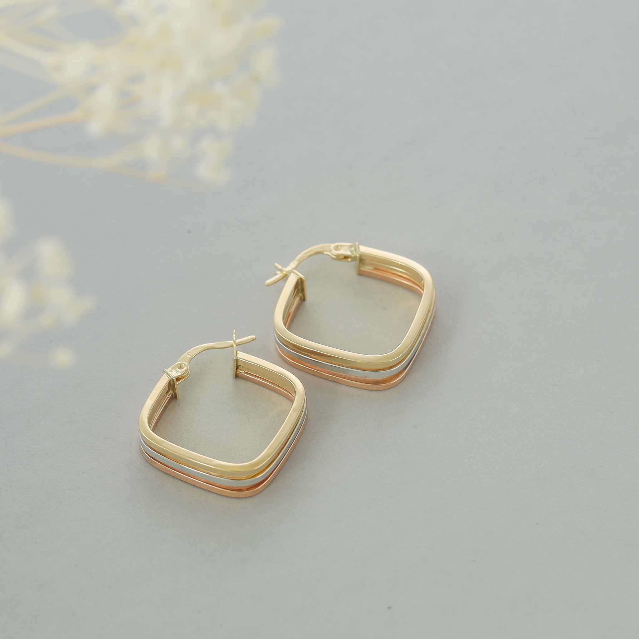 9ct Tri Colour Square Hoop Earrings