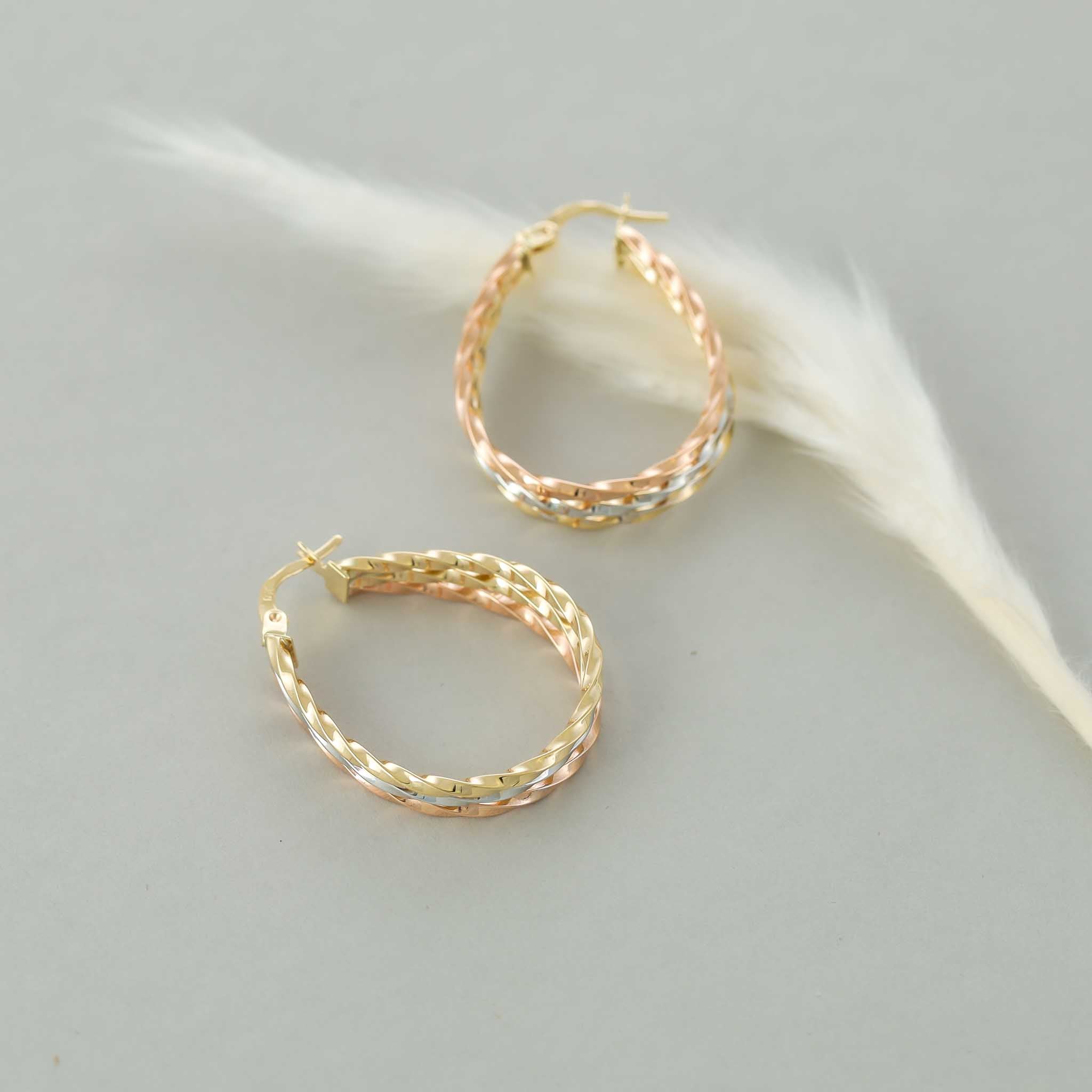 9ct Tri Colour Gold Oval Hoop Earrings