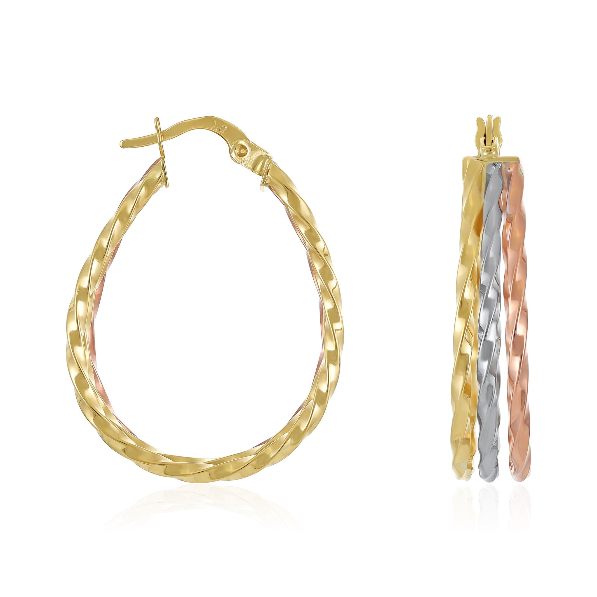9ct Tri Colour Gold Oval Hoop Earrings