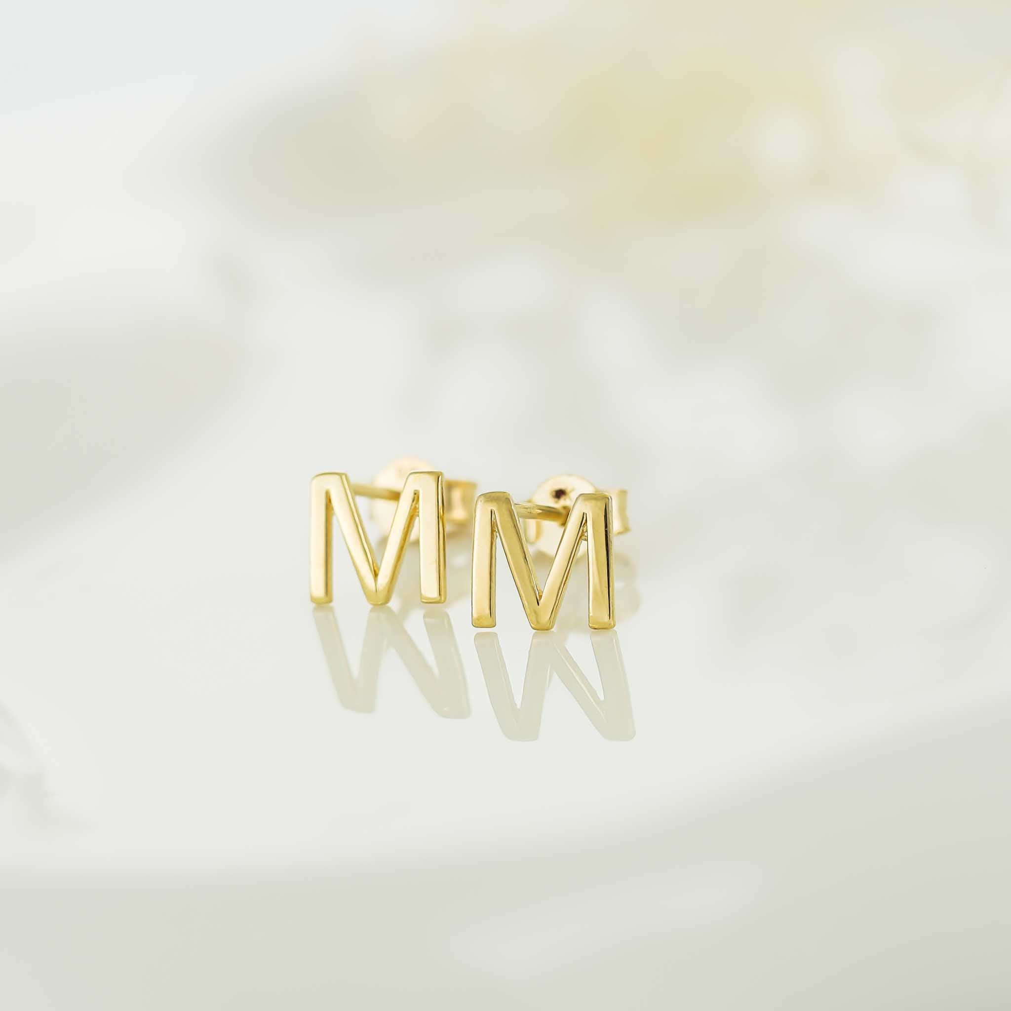 9ct Yellow Gold Initial Stud Earrings - Letter M