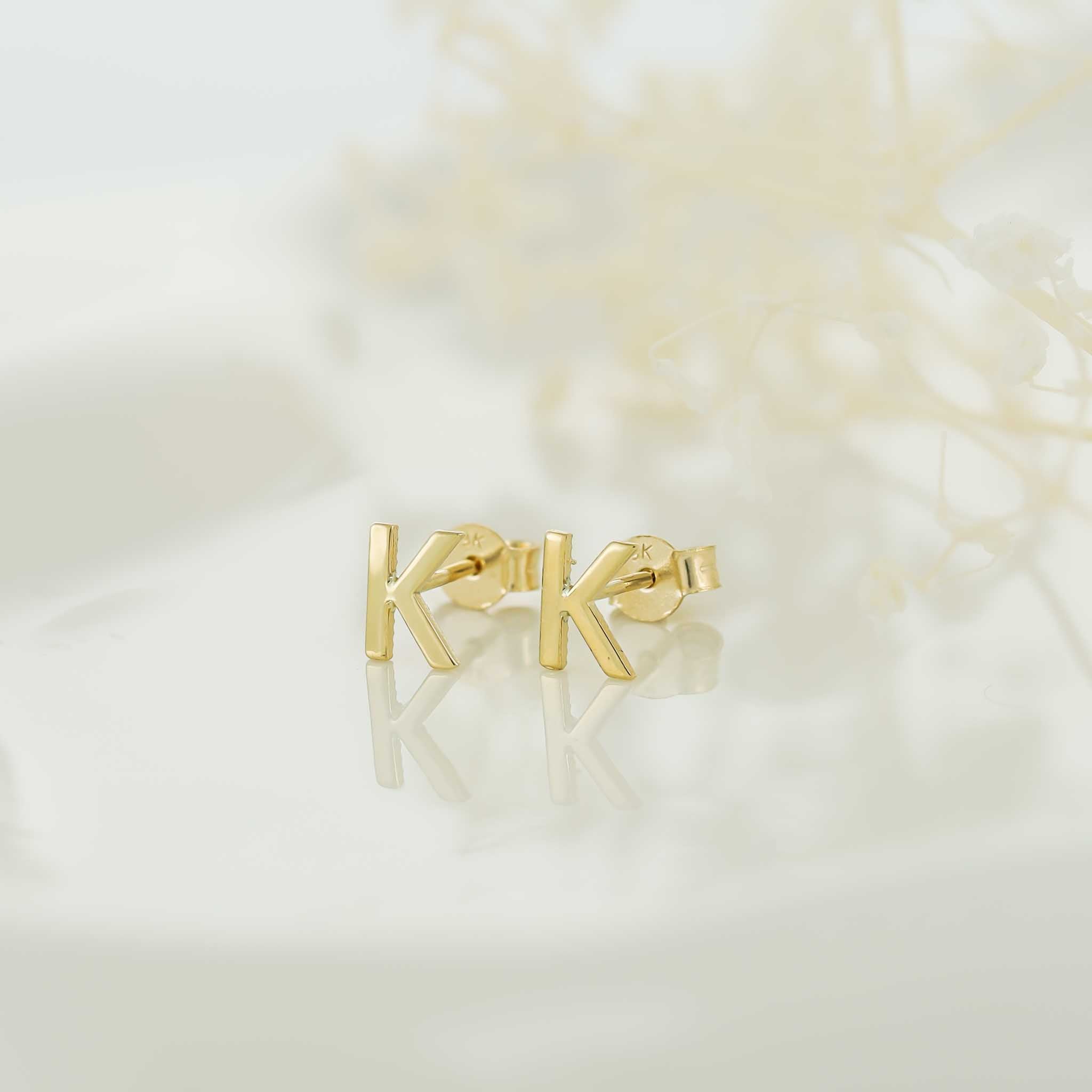 9ct Yellow Gold Initial Stud Earrings - Letter K