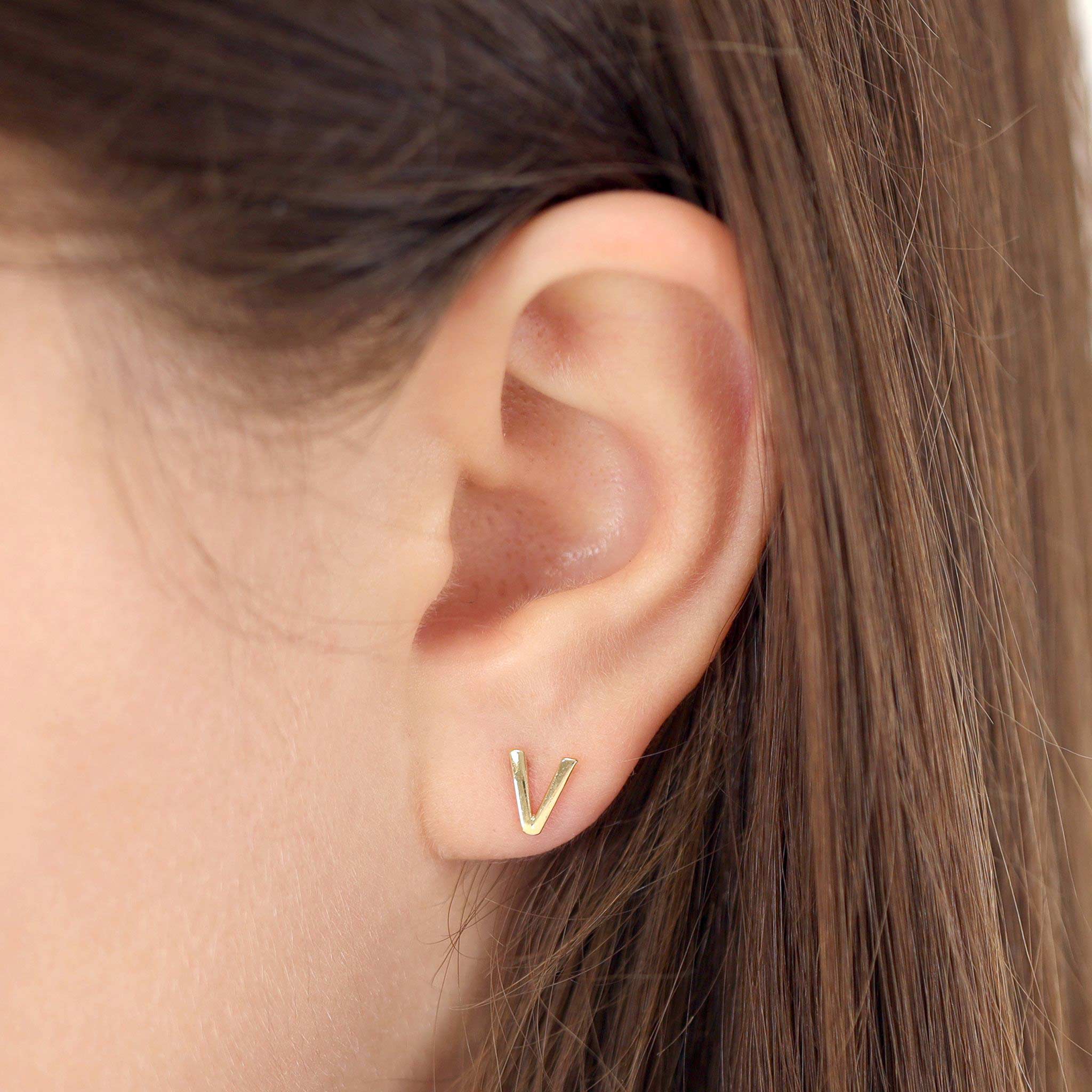 9ct Yellow Gold Initial Stud Earrings - Letter V