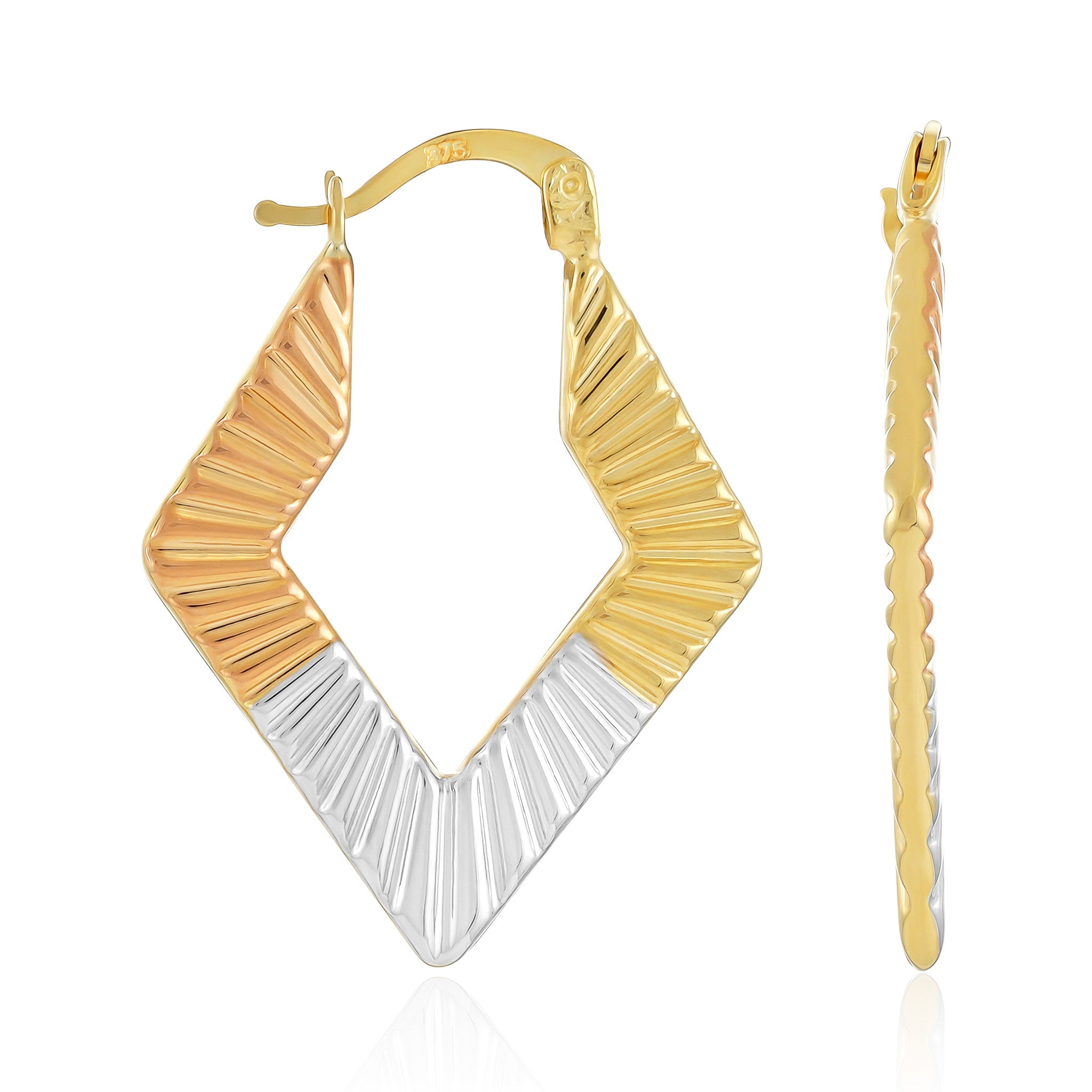 9ct Tri Colour Rhombus Shape Hoop Earrings