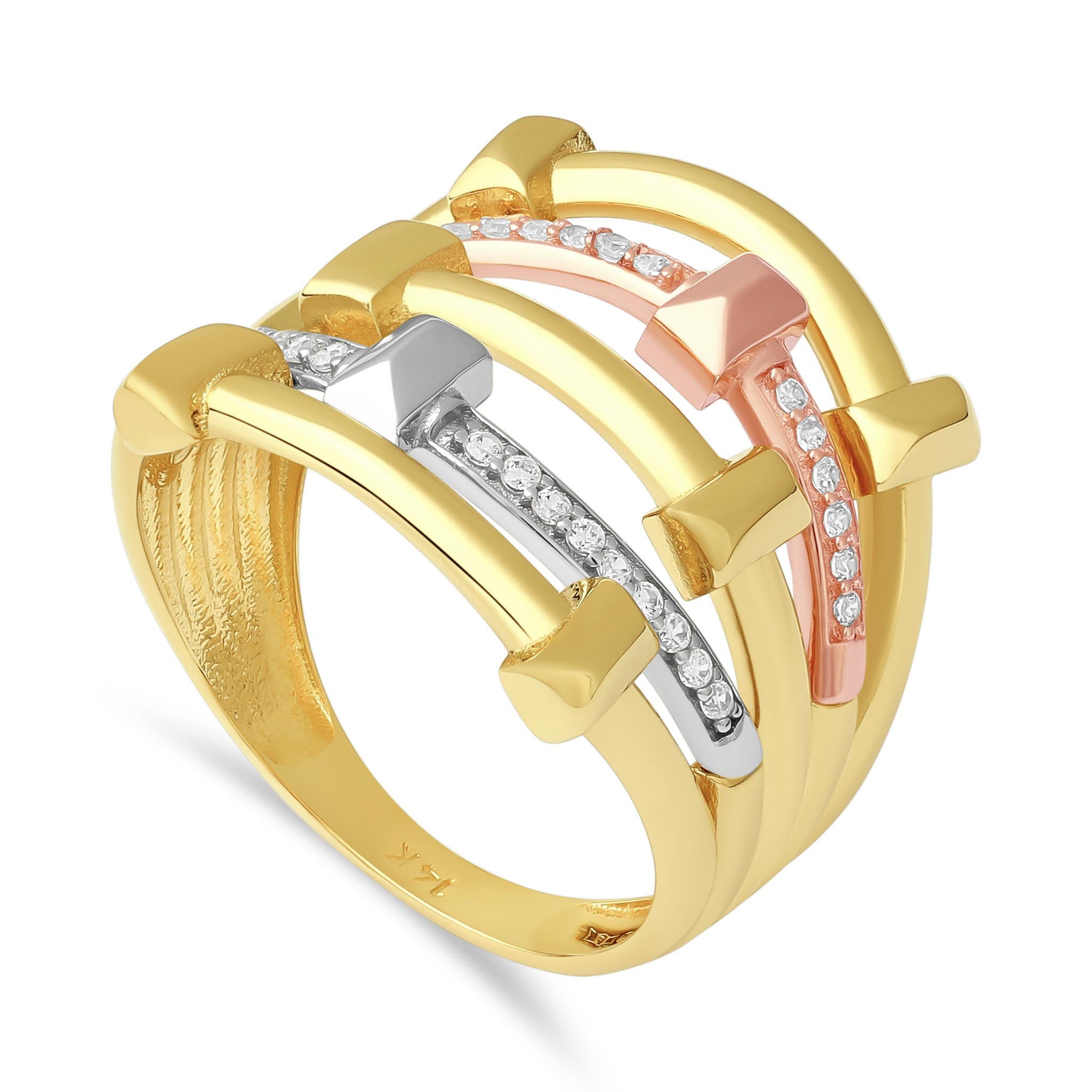 14ct Tri Colour Gold Cubic Zirconia Caged Ring